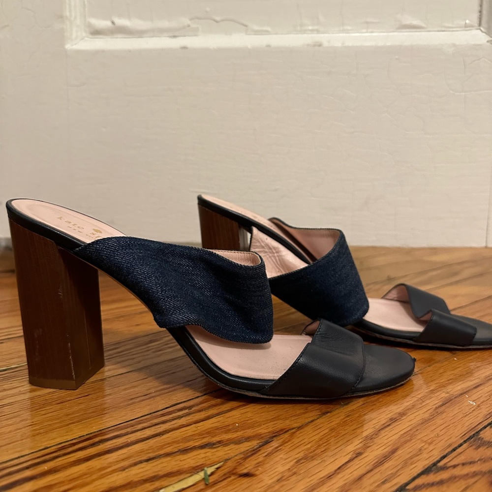 Kate Spade Denim and Navy Wooden Heel Sandals Sz 10
